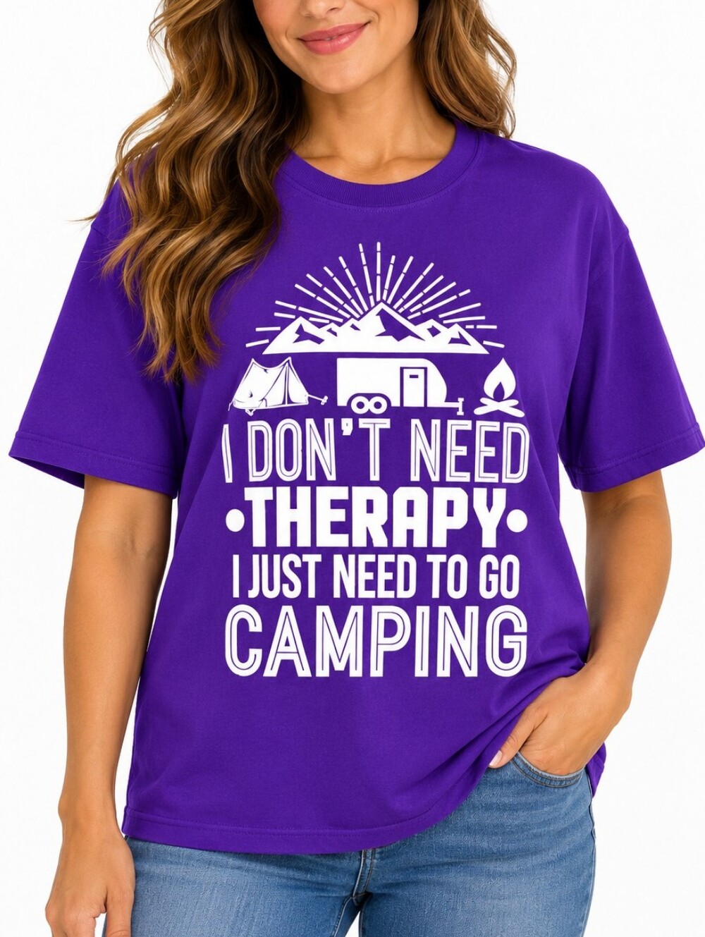 👚 Purple Camping Graphic T-Shirt I Don't Need Therapy Outdoor Camper Tee EUC